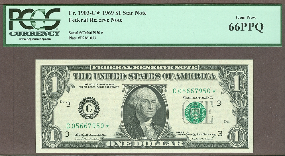 Fr.1903-C*, 1969 $1 Late-Printed Philadelphia Federal Reserve Star Note, GemCU, PCGS66-PPQ